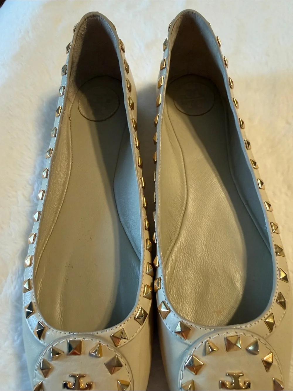 Tory Burch Cream Leather Studded Logo Flats